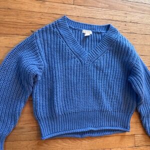 HM Women Blue Chunky Knit V-Neck Sweater Cropped Shaker Stitch Pullover XS
